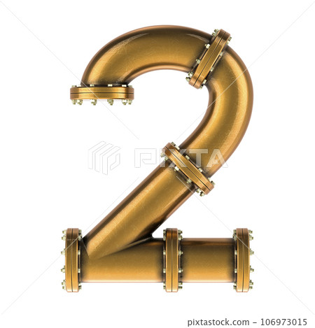 Number 2 from copper, bronze or brass pipes, 3D rendering Number 2 from copper, bronze or brass pipes, 3D rendering 106973015