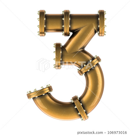 Number 3 from copper, bronze or brass pipes, 3D rendering Number 3 from copper, bronze or brass pipes, 3D rendering 106973016