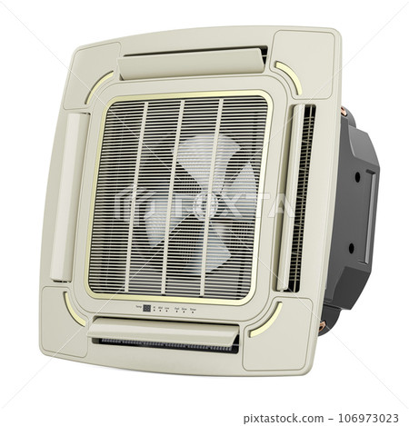 Ceiling Cassette Air Conditioning Unit. Ceiling Cassette Unit, Indoor Unit of Air Condition. 3D rendering Ceiling Cassette Air Conditioning Unit. Ceiling Cassette Unit, Indoor Unit of Air Condition. 3D rendering 106973023