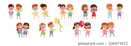 Happy Friendly Children Characters Playing Together Vector Set 106973471
