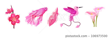 Bright Pink Flower with Bird and Fish Vector Set 106973500