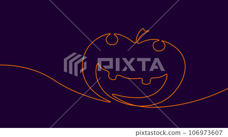 Pumpkin one line Halloween decoration traditional silhouette. Smile with tooth party autumn outline vector illustration Pumpkin one line Halloween decoration traditional silhouette. Smile with tooth party autumn outline vector illustration 106973607