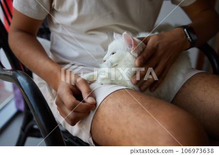 Man sitting in an armchair, holding his gorgeous pet cat. Man sitting in an armchair, holding his gorgeous pet cat. 106973638