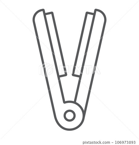 Styling iron thin line icon, hairstyle and appliance, hair straightener sign, vector graphics, a linear pattern on a white background. Styling iron thin line icon, hairstyle and appliance, hair straightener sign, vector graphics, a linear pattern on a white background. 106973893