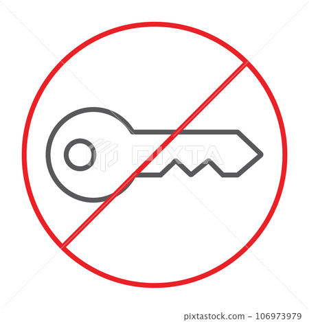 No key thin line icon, prohibited and ban, key forbidden sign, vector graphics, a linear pattern on a white background. No key thin line icon, prohibited and ban, key forbidden sign, vector graphics, a linear pattern on a white background. 106973979