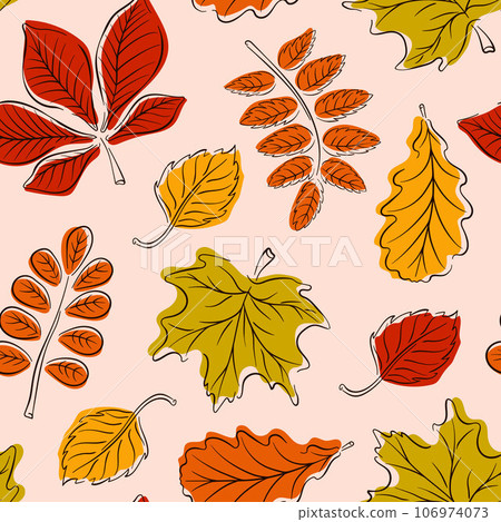 Seamless pattern with autumn leaves in line art style. Great for backgrounds, cards, gift wrapping paper, home decor. Vector illustration. Seamless pattern with autumn leaves in line art style. Great for backgrounds, cards, gift wrapping paper, home decor. Vector illustration. 106974073