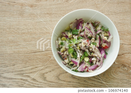 spicy mashed mackerel with herb Thai salad on bowl spicy mashed mackerel with herb Thai salad on bowl 106974140