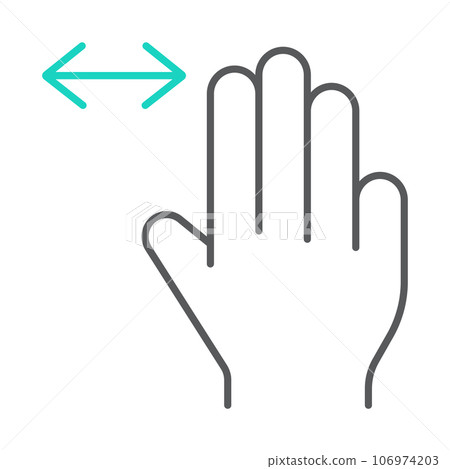 Three fingers horizontal scroll thin line icon, gesture and hand, flick sign, vector graphics, a linear pattern on a white background. Three fingers horizontal scroll thin line icon, gesture and hand, flick sign, vector graphics, a linear pattern on a white background. 106974203