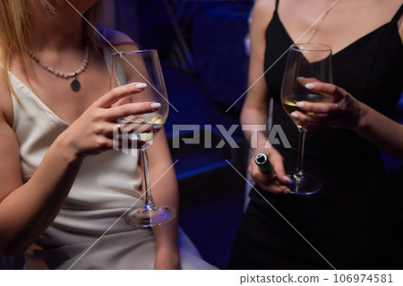 Clinking glasses with alcohol and toasting, party. 106974581