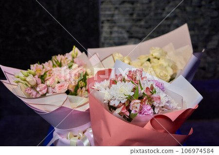 Close-up colorful spring bouquet with many different flowers jelly. 106974584