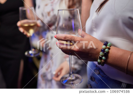 Clinking glasses with alcohol and toasting, party. 106974586