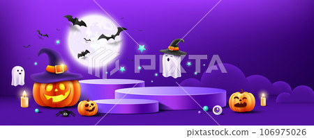 Halloween podium purple color, pumpkin, ghost, candle, and bat, moonnight banner design 106975026