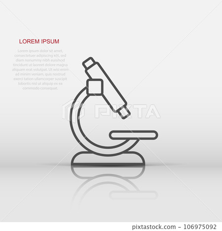 Microscope icon in flat style. Laboratory magnifier vector illustration on isolated background. Biology instrument sign business concept. 106975092
