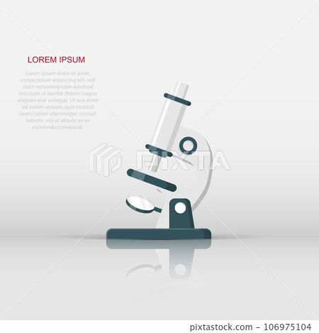 Microscope icon in flat style. Laboratory magnifier vector illustration on isolated background. Biology instrument sign business concept. 106975104