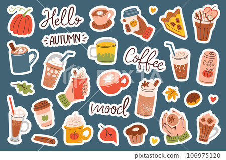 Hand drawn stickers collection, coffee doodle icons, vector illustrations of cups, mugs and glasses with autumn drinks, pumpkin spice latte, isolated colored clipart on blue background 106975120