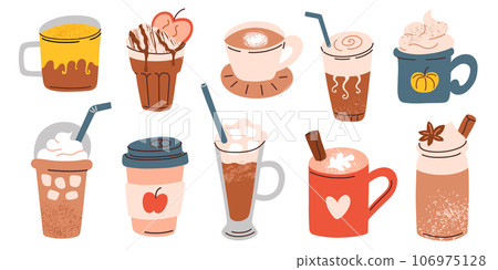 Coffee cups collection, autumn mood drinks in mugs and glasses, trendy cold brew and pumpkin spice latte, vector illustrations set, fall season doodles, thanksgiving and halloween, coffee house menu Coffee cups collection, autumn mood drinks in mugs and glasses, trendy cold brew and pumpkin spice latte, vector illustrations set, fall season doodles, thanksgiving and halloween, coffee house menu 106975128