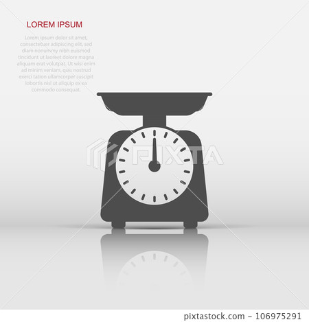 Bathroom weight scale icon in flat style. Mass measurement vector illustration on isolated background. Overweight sign business concept. Bathroom weight scale icon in flat style. Mass measurement vector illustration on isolated background. Overweight sign business concept. 106975291