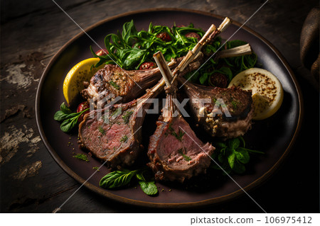 Cooked on fire lamb ribs delicious dinner meat Cooked on fire lamb ribs delicious dinner meat 106975412