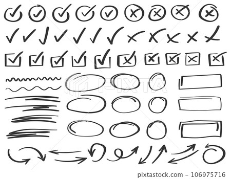 Check mark icon in hand drawn style. Handmade doodle vector illustration on isolated background. Cross, circles, arrow mark sign business concept. 106975716