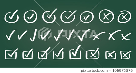 Check mark icon in hand drawn style. Handmade doodle vector illustration on isolated background. Cross, circles, arrow mark sign business concept. Check mark icon in hand drawn style. Handmade doodle vector illustration on isolated background. Cross, circles, arrow mark sign business concept. 106975876