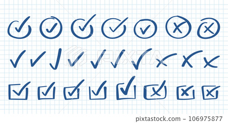Check mark icon in hand drawn style. Handmade doodle vector illustration on isolated background. Cross, circles, arrow mark sign business concept. Check mark icon in hand drawn style. Handmade doodle vector illustration on isolated background. Cross, circles, arrow mark sign business concept. 106975877
