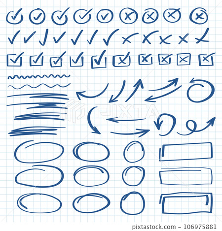Check mark icon in hand drawn style. Handmade doodle vector illustration on isolated background. Cross, circles, arrow mark sign business concept. Check mark icon in hand drawn style. Handmade doodle vector illustration on isolated background. Cross, circles, arrow mark sign business concept. 106975881