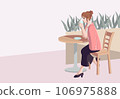 Illustration of a woman taking a break while drinking coffee at a cafe 106975888
