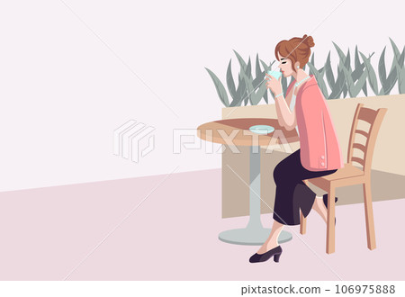 一位女士在咖啡館喝咖啡時休息的插圖 一位女士在咖啡館喝咖啡時休息的插圖 106975888