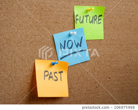 Notes with words past, now and future are pinned to the board. Notes with words past, now and future are pinned to the board. 106975998