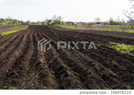 Tractor plowed field on black soil in open countryside, soil for growing delicious vegetables. Agriculture concept. Tractor plowed field on black soil in open countryside, soil for growing delicious vegetables. Agriculture concept. 106976219