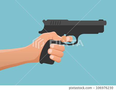 Hand holding pistol gun icon in flat style. Firearm symbol vector illustration on isolated background. Rifle ammo sign business concept. 106976230