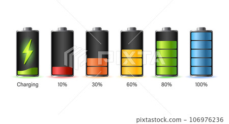 Realistic alkaline battery set icon in flat style. Diffrent size accumulator vector illustration on isolated background. Accumulator recharge sign business concept. 106976236