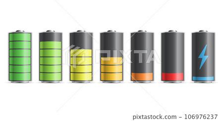 Realistic alkaline battery set icon in flat style. Diffrent size accumulator vector illustration on isolated background. Accumulator recharge sign business concept. Realistic alkaline battery set icon in flat style. Diffrent size accumulator vector illustration on isolated background. Accumulator recharge sign business concept. 106976237