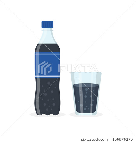 Soda drink icon in flat style. Plastic bottle and drinking glass vector illustration on isolated background. Water beverage sign business concept. Soda drink icon in flat style. Plastic bottle and drinking glass vector illustration on isolated background. Water beverage sign business concept. 106976279