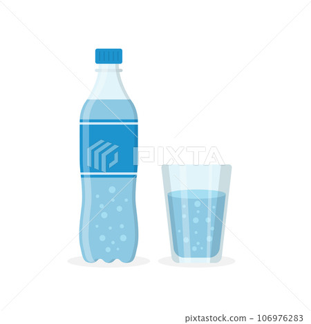 Soda drink icon in flat style. Plastic bottle and drinking glass vector illustration on isolated background. Water beverage sign business concept. Soda drink icon in flat style. Plastic bottle and drinking glass vector illustration on isolated background. Water beverage sign business concept. 106976283