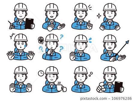 Icon material of a woman wearing a helmet and work clothes, set of facial expression variations Icon material of a woman wearing a helmet and work clothes, set of facial expression variations 106976286