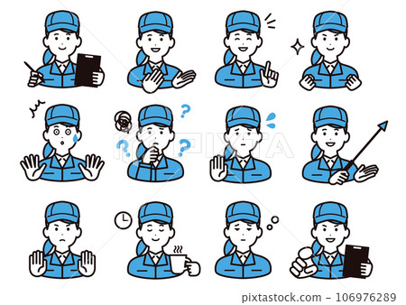 Icon material of a woman wearing a hat and work clothes, set of facial expression variations Icon material of a woman wearing a hat and work clothes, set of facial expression variations 106976289