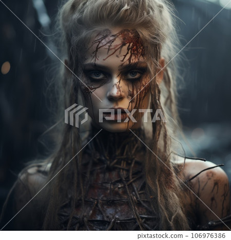 Beautiful young girl in a halloween costume with beautiful scary makeup looking at the camera. Portrait of a pretty woman with white hair wearing a scary halloween costume on blurred forest background 106976386