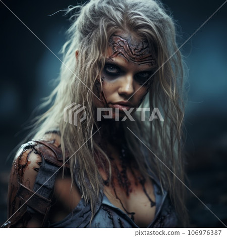 Beautiful young girl in a halloween costume with beautiful scary makeup looking at the camera. Portrait of a pretty woman with white hair wearing a scary halloween costume on blurred forest background Beautiful young girl in a halloween costume with beautiful scary makeup looking at the camera. Portrait of a pretty woman with white hair wearing a scary halloween costume on blurred forest background 106976387