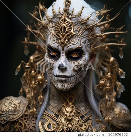 Man with scary halloween makeup and a halloween costume looking at the camera. Portrait of a scary man in classic clothes wearing a scary halloween costume on a blurred dark background. 106976392
