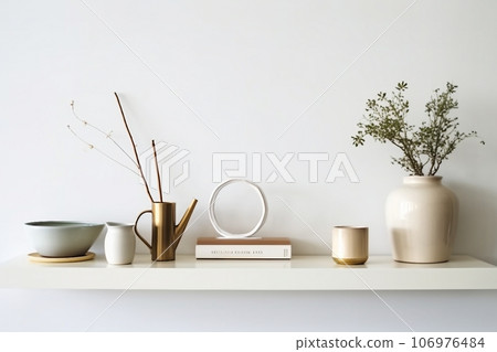 Minimalistic Scandinavian interior. Dishes on white shelves. White details in the interior. 106976484