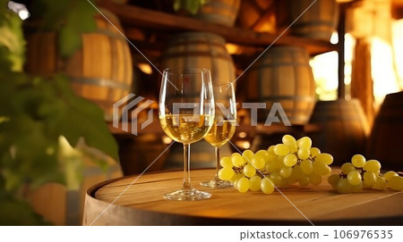 A glass of white wine in a candle lit restaurant wine cellar. Glass of green wine standing on a table in a barrel storage, tasting. Composition of a champagne glass with grapes in a luxury restaurant. 106976535