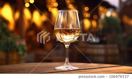 Glass of green wine in a candle lit restaurant. Romantic restaurant with a glass of white wine standing on a table. Composition of a champagne glass with grapes in a luxury restaurant. 106976537