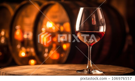 A glass of red wine in a candle lit winery restaurant. Glass of red wine standing on a table in a winery cellar with barrels, tasting. Composition of red wine in a stem glass in a luxury restaurant. A glass of red wine in a candle lit winery restaurant. Glass of red wine standing on a table in a winery cellar with barrels, tasting. Composition of red wine in a stem glass in a luxury restaurant. 106976557