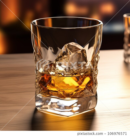 A glass of whiskey close-up. Product photography. Glass of old whiskey standing on a table in a luxury bar. Composition of whiskey cup in a dark office room. 106976571