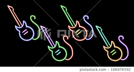 set neon electric guitar glowing desktop icon, neon gitar sticker, neon guitar figure, glowing figure, neon geometrical figures  106976592