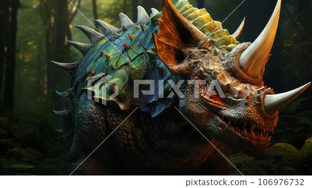 Prehistoric Dinosaur with horns and scales walking through the fauna. Concept art of an ancient reptile walking in the forest. Sauropelta feeding in the woods. 3D render of an angry euoplocephalus. 106976732