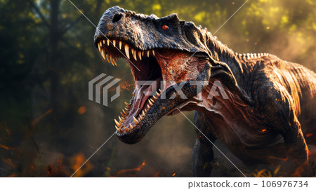 Tyrannosaurus rex roaring in the woods. Hunting angry T-Rex with a growl. Concept art of a mad ancient scary reptile in the burning forest. T-Rex causes chaos in the woods. Angry dinosaur in fire. Tyrannosaurus rex roaring in the woods. Hunting angry T-Rex with a growl. Concept art of a mad ancient scary reptile in the burning forest. T-Rex causes chaos in the woods. Angry dinosaur in fire. 106976734