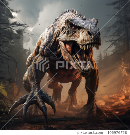 Tyrannosaurus rex roaring in the woods. Hunting angry T-Rex with a growl. Concept art of a mad ancient scary reptile in the burning forest. T-Rex causes chaos in the woods. Angry dinosaur in fire. 106976738