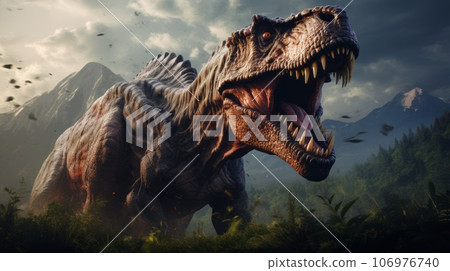 Tyrannosaurus rex roaring in the woods. Hunting angry T-Rex with a growl. Concept art of a mad ancient scary reptile in the forest. T-Rex causes chaos in the woods. 3D render of an angry dinosaur. 106976740